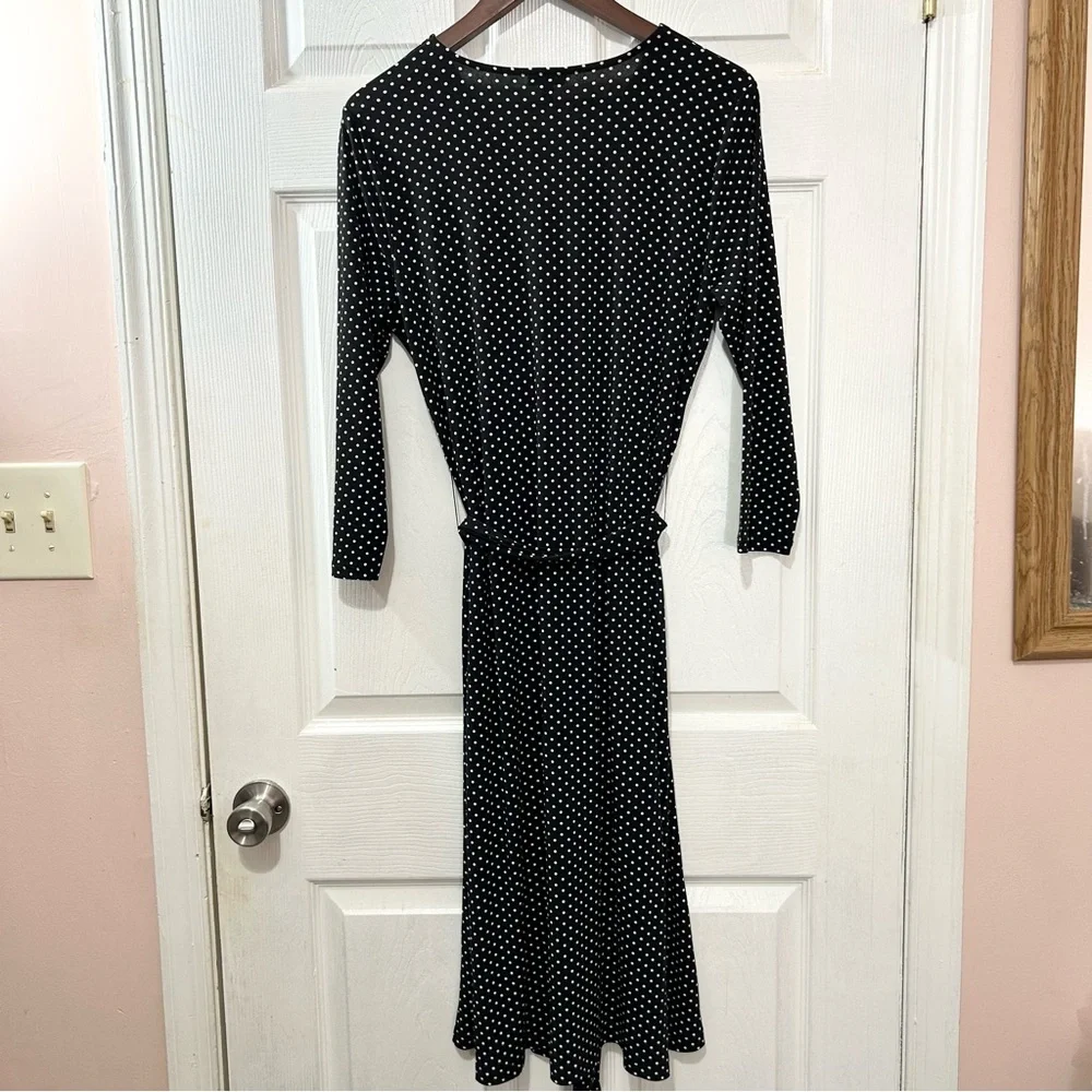 Talbots Black Polka Dot Long-Sleeve Wrap-Style Dress. Stretchy. Tie Waist Sz 10 - Picture 3 of 6